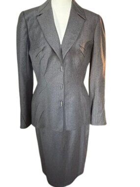 Vintage Classic 1990s Thierry Mugler Paris Charcoal Gray Wool Skirt Suit FR42